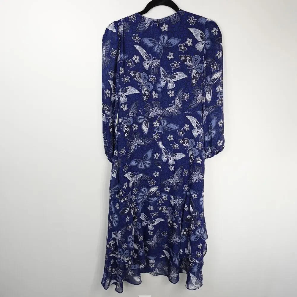 Eliza J Floral Long Sleeve Faux Wrap Midi Dress Blue Butterfly Floral New Size 4 - Picture 5 of 11
